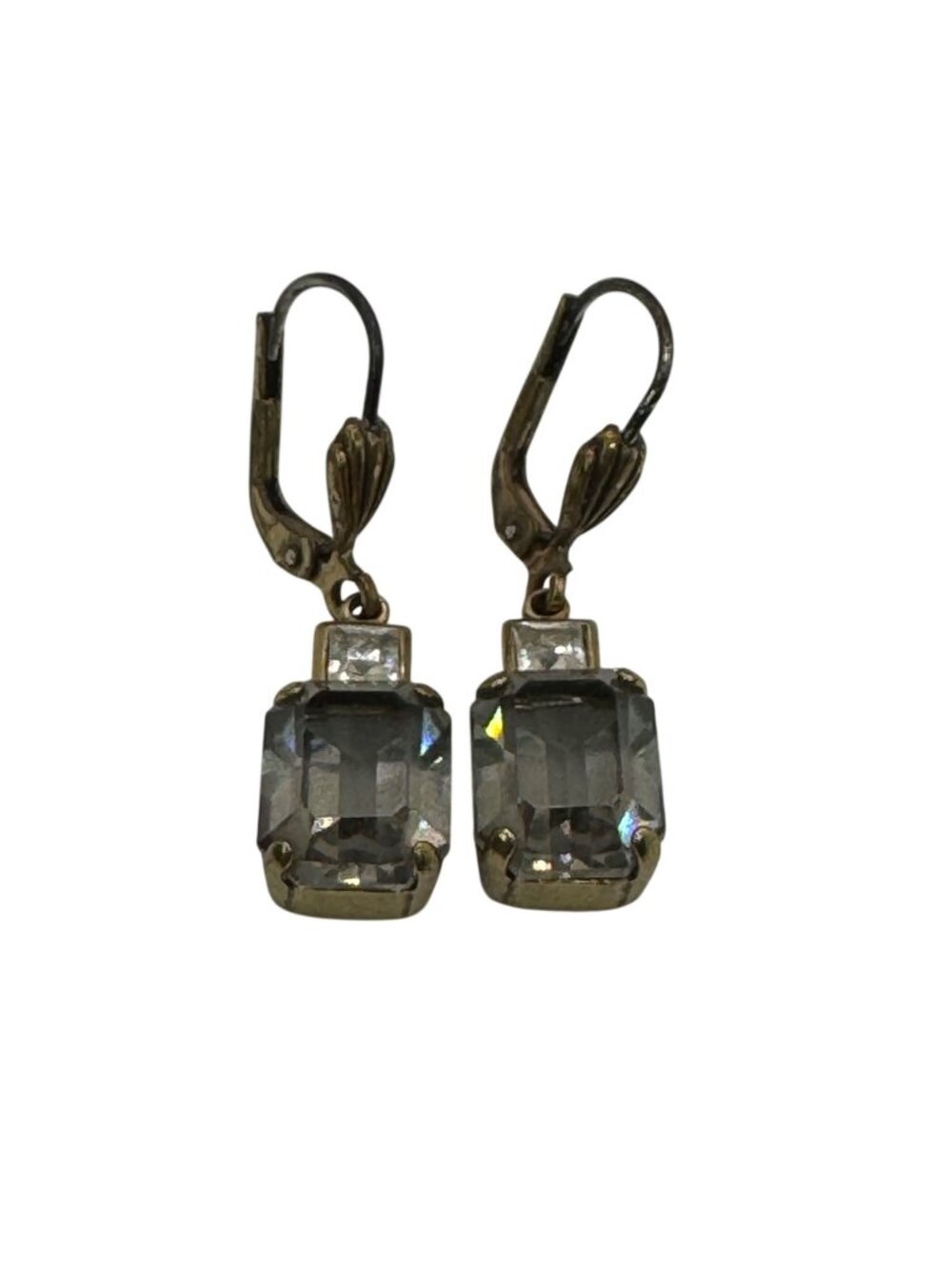 Vintage "Black Diamond" Gold Tone Leverback Drop Earrings Emerald Cut Estate
